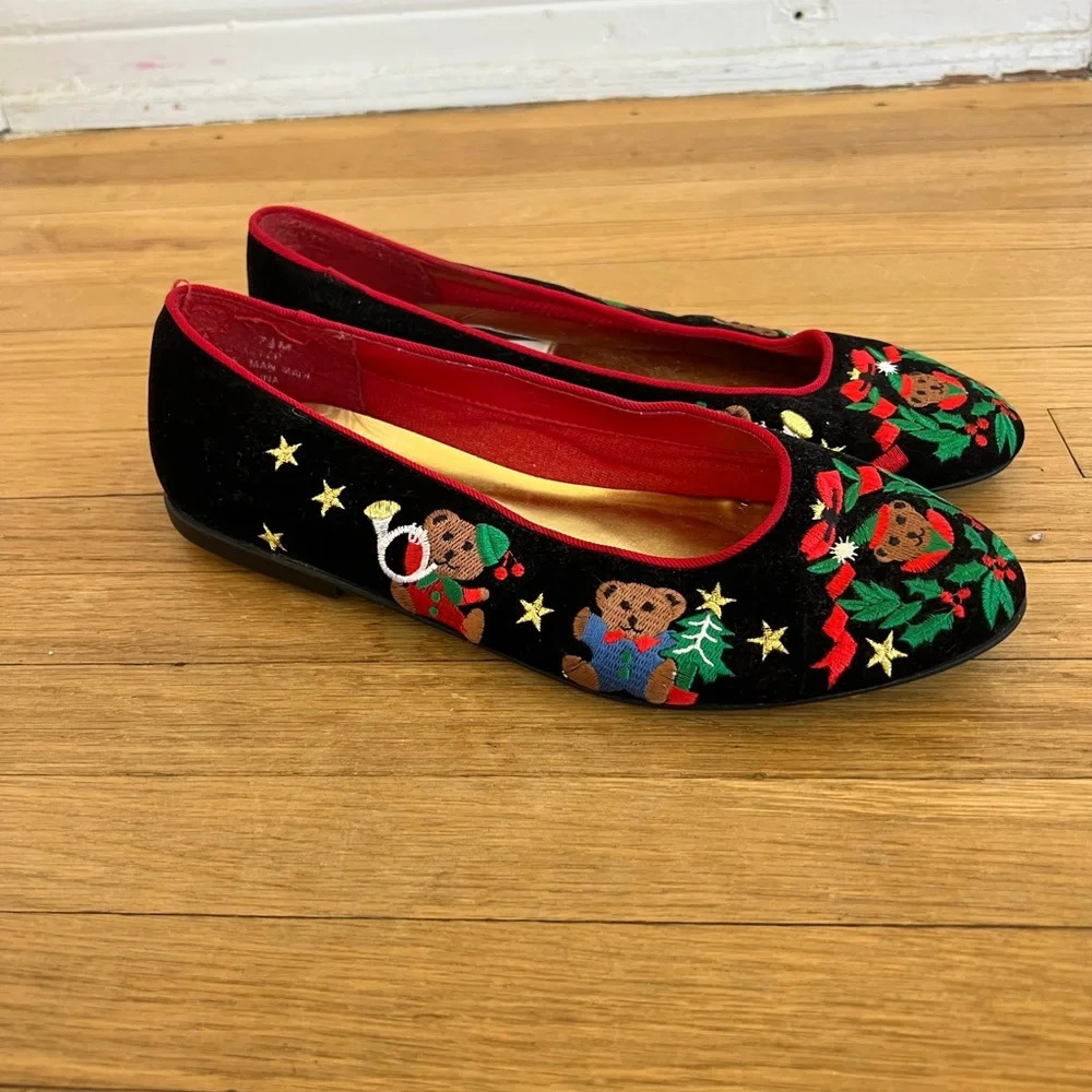 Mootsies Tootsies Black Christmas Holiday Winter Teddy Bear Slip On Flats | 7.5 - Picture 3 of 7